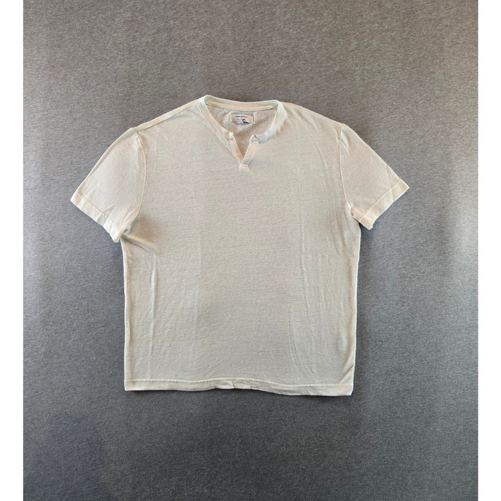 Banana Republic T-Shirt Mens Large Cream Linen Blend Split Neck Slub Minimalist